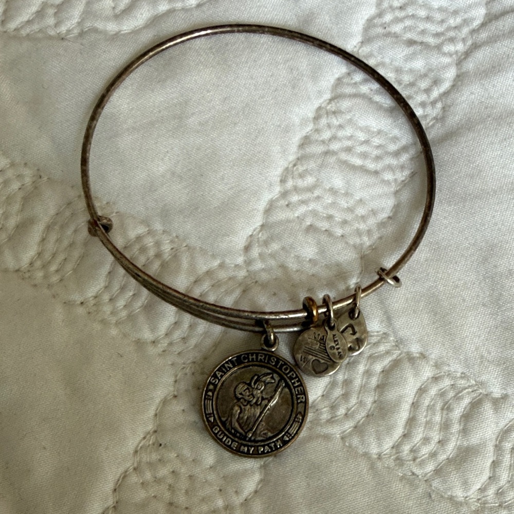 Saint Christopher Charm Bangle Bracelet in Antique Silver Tone